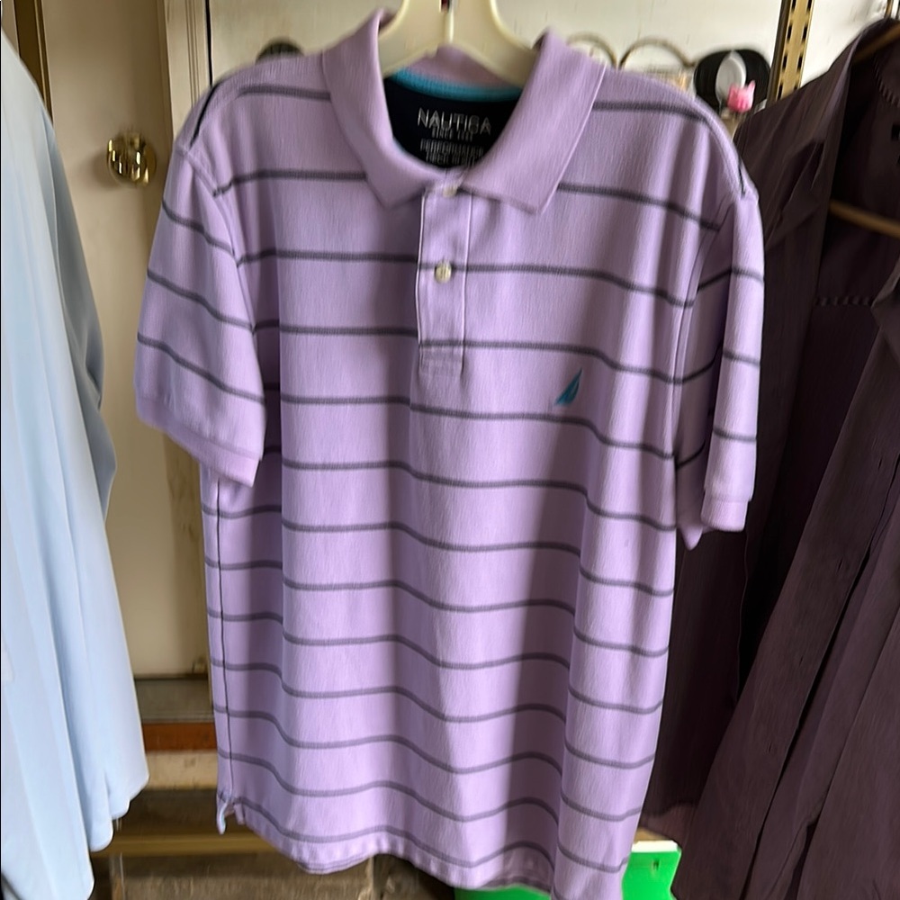 Nautica Purple and Gray Polo Shirt Classic Striped Design